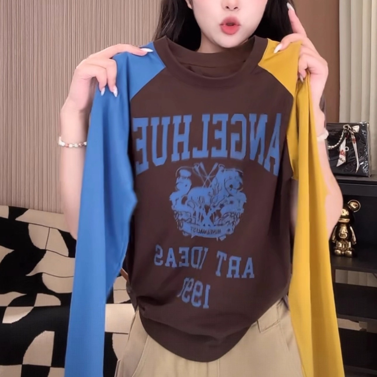 美式撞色拼接字母印花圆领T恤