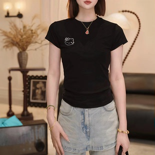 通勤百搭显瘦修身 时尚 上衣 T恤女2026夏新款 卡通KT猫印花辣妹短袖
