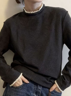 设计感花边双面德绒打底衫2025秋冬新款百搭显瘦长袖T恤保暖内搭