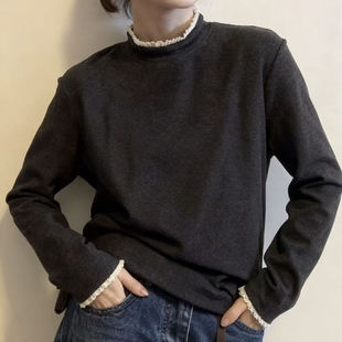 T恤保暖内搭 百搭显瘦长袖 设计感花边双面德绒打底衫 2025秋冬新款