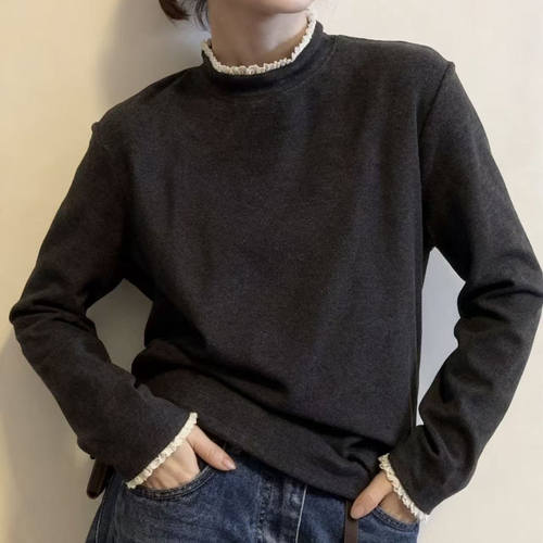 设计感花边双面德绒打底衫女