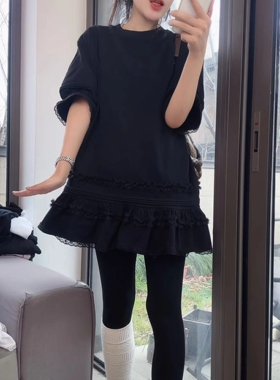 重工蕾丝花边拼接中长款短袖T恤裙女2026春夏新款宽松荷叶边下摆