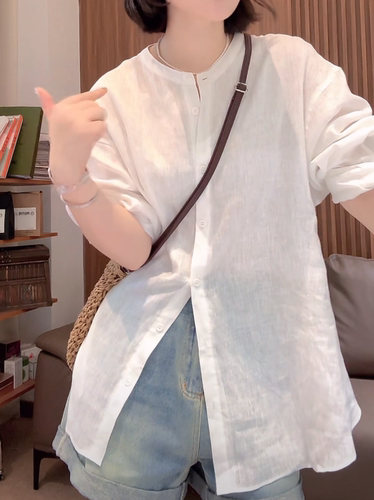 【送运费险】亚麻立领排扣长袖