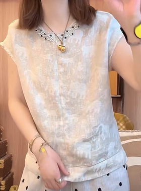 重工钉珠亚麻无袖T恤女2026夏季新款设计感毛边袖口百搭显瘦上衣