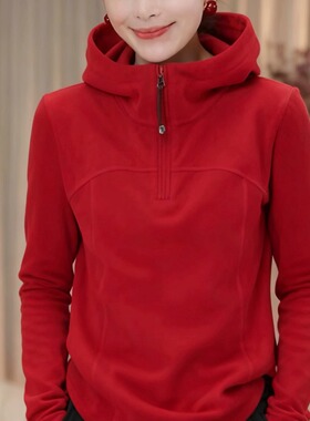 加厚双面德绒半拉链连帽卫衣女2026早春新款简约休闲百搭显瘦帽衫