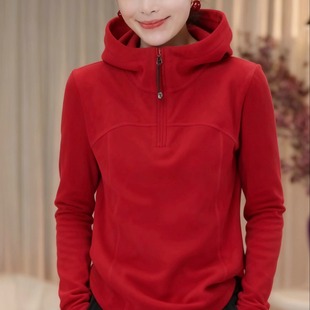 简约休闲百搭显瘦帽衫 加厚德绒半拉链连帽卫衣女2025秋冬季 新款
