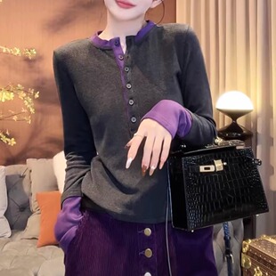 百搭单排扣打底衫 时尚 ins T恤女2026春秋新款 双面澳绒撞色拼接长袖