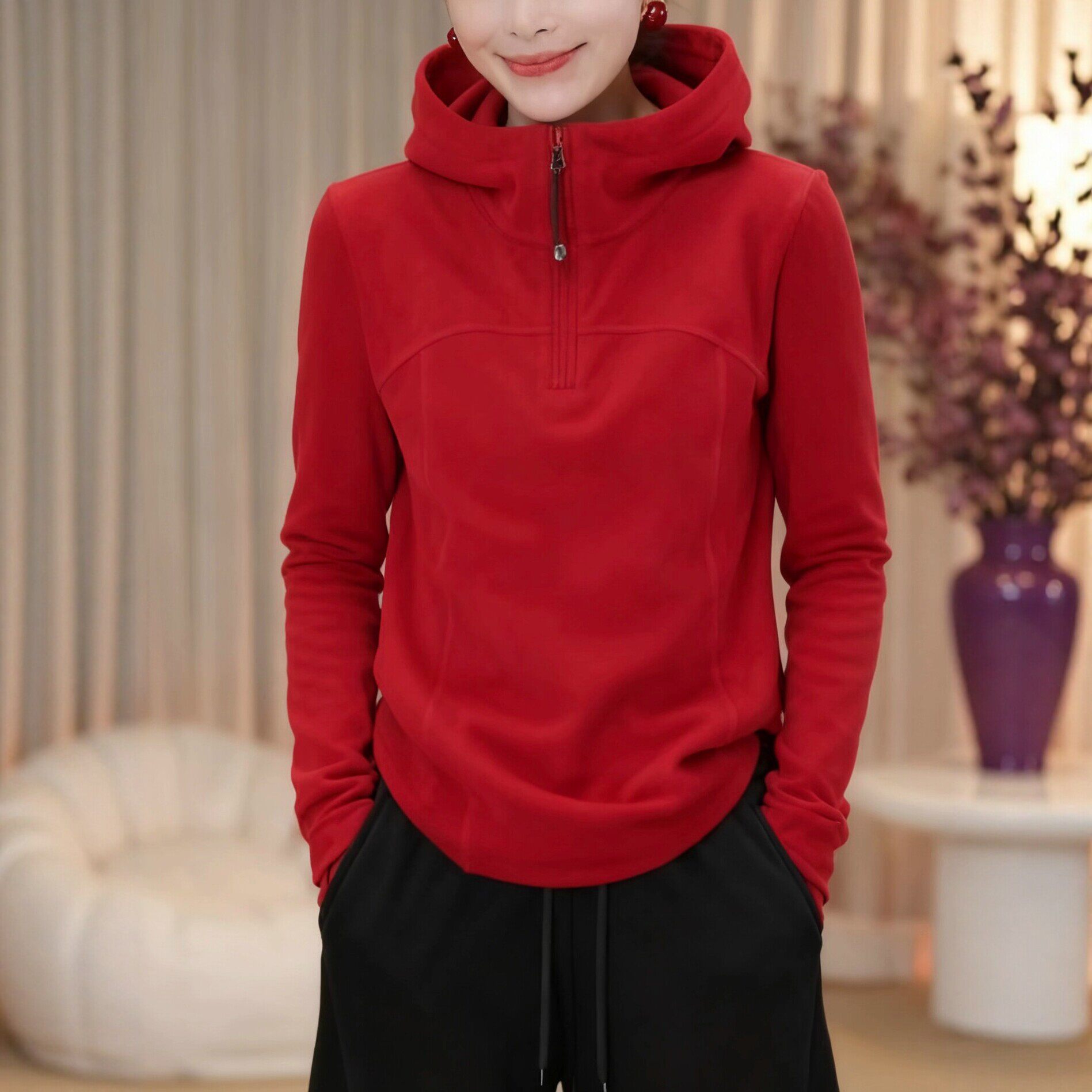 加厚双面德绒半拉链连帽卫衣女2026早春新款简约休闲百搭显瘦帽衫