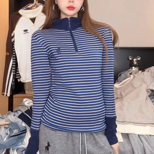 潮牌刺绣撞色条纹半拉链T恤女2025早春新款时尚百搭显瘦打底衫ins