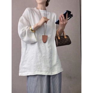 重工提花工艺亚麻七分袖T恤女2026春夏新款柔软舒适中长款上衣ins