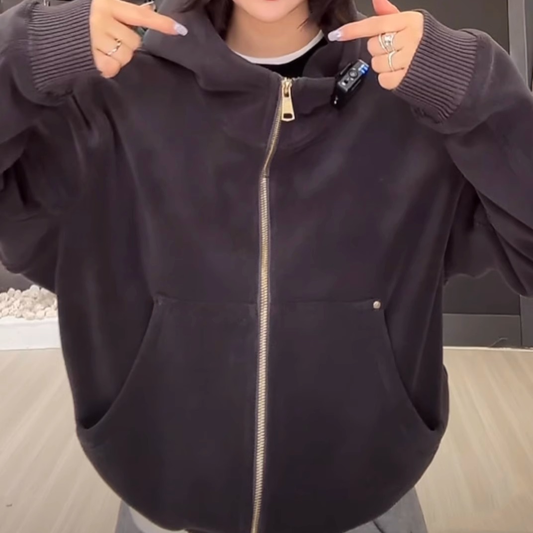 双面奥粒绒连帽卫衣外套女2025秋冬新款极简风加厚保暖拉链开衫潮
