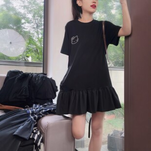 卡通kt猫蕾丝拼接花边短袖T恤女夏季新款宽松百搭显瘦中长款上衣