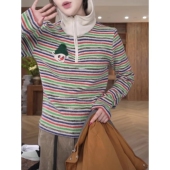 高级设计感卡通小丑刺绣彩色条纹半拉链磨毛连帽卫衣百搭减龄长袖