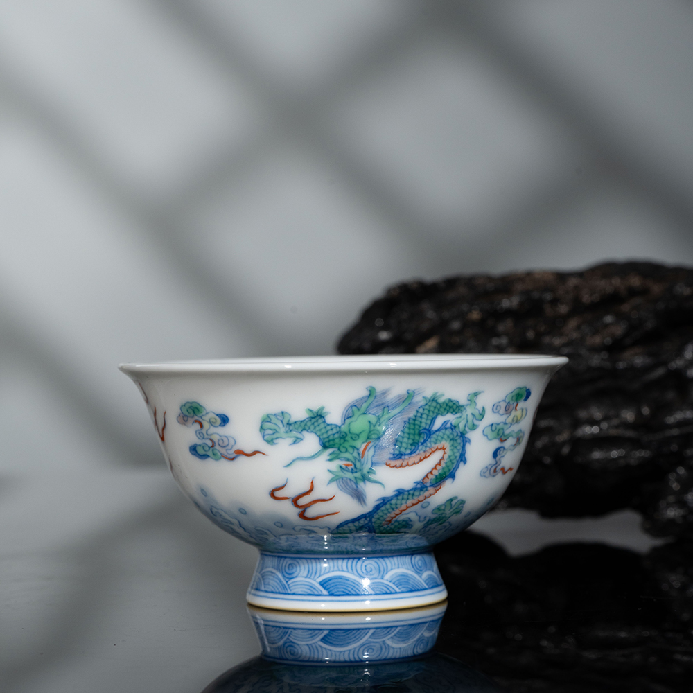 【念家-名窑】涂杏花窑 斗彩苍龙教子高足杯 陶瓷主人杯手绘龙纹