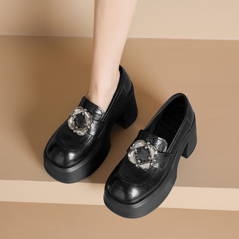 懒人松糕底乐福鞋水钻高跟小皮鞋