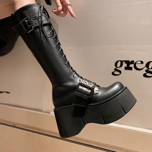 9cm黑色长筒靴女真皮松糕厚底小个子不过膝高筒靴系带圆头骑士靴