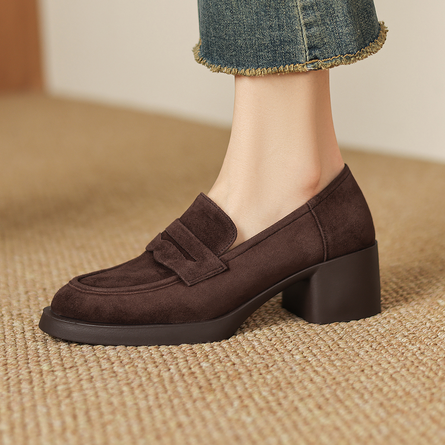 5cm粗跟加绒保暖乐福鞋女