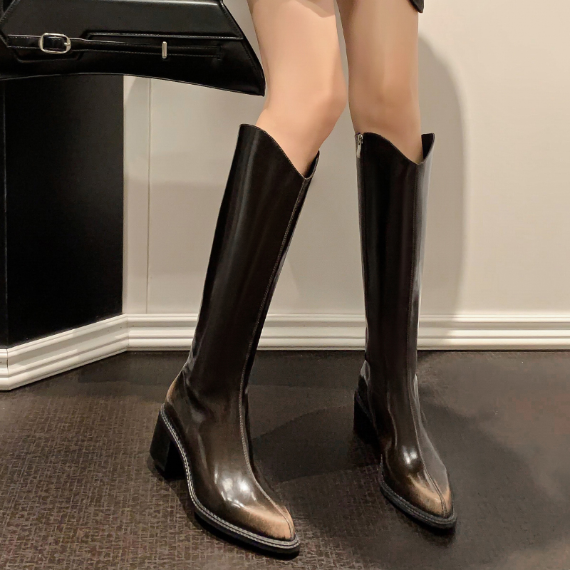 真皮不过膝高跟长靴小个子骑士靴