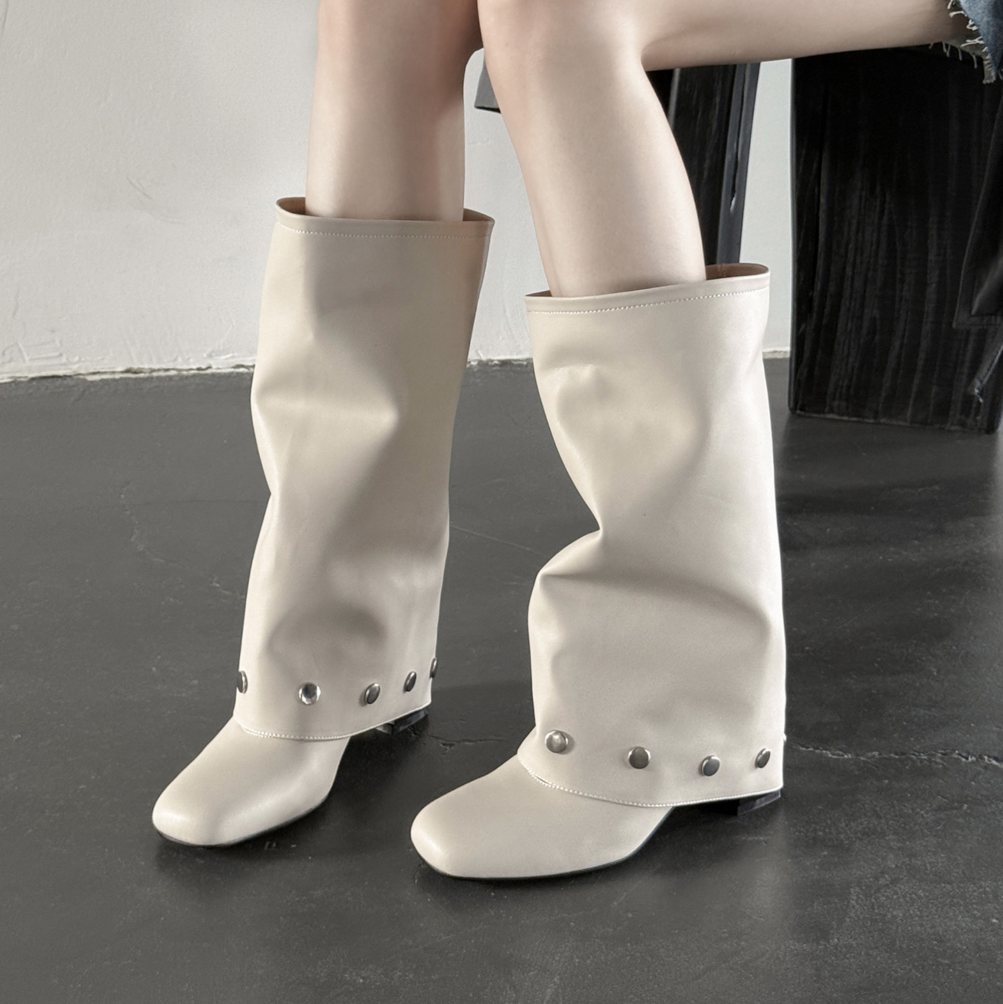 5cm方头两穿可拆卸不过膝裤管靴