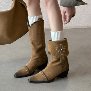 5.5cm粗跟复古西部牛仔靴女2025新款 真皮显瘦两穿可翻折堆堆靴子