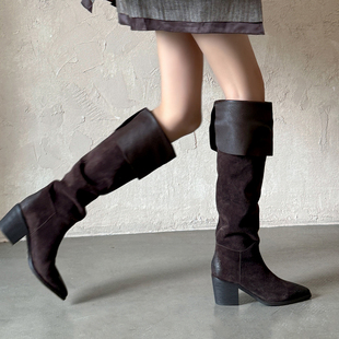6.5cm复古尖头长靴女不过膝高筒靴2025新款 美拉德真皮高跟骑士靴
