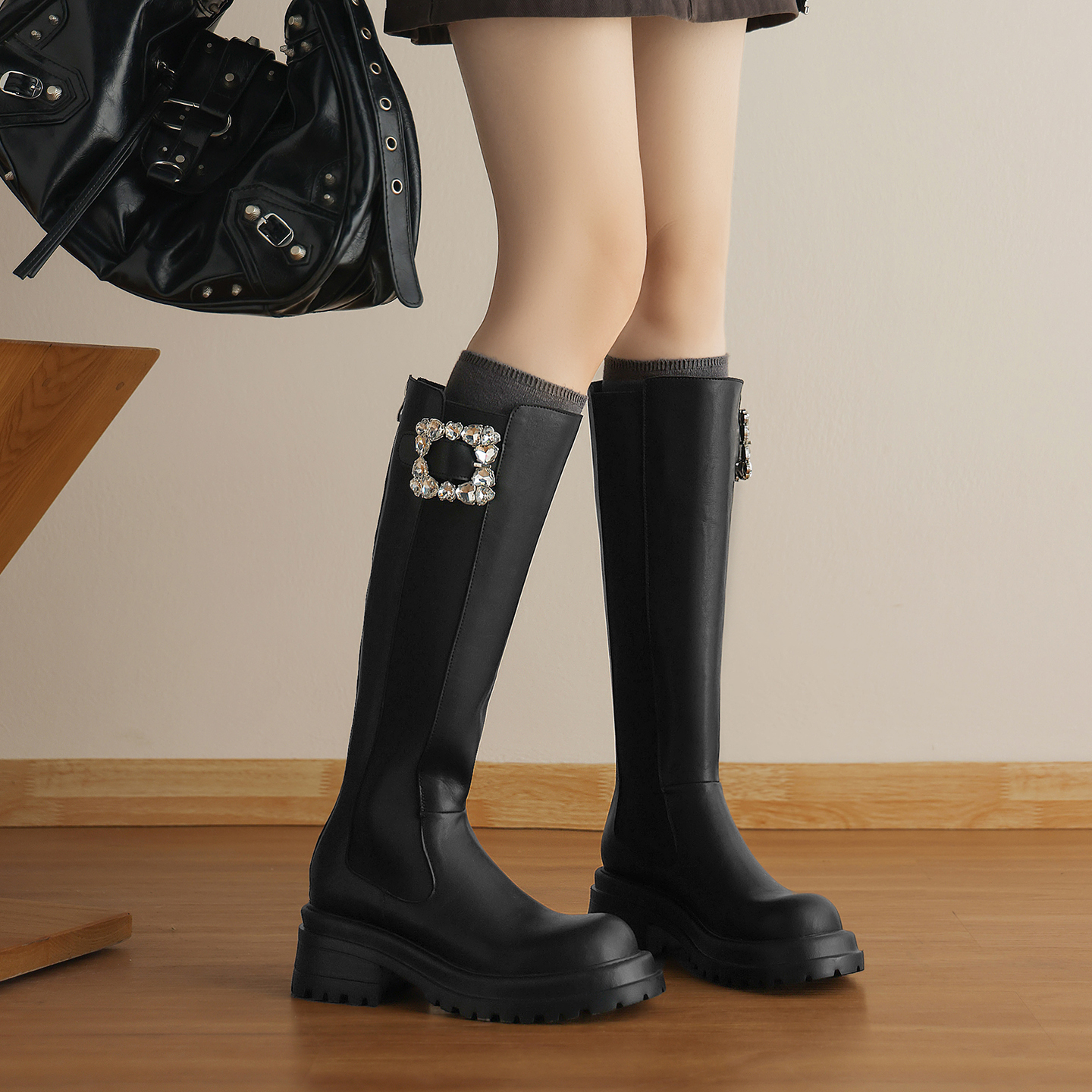 厚底高筒骑士靴百搭显瘦黑色靴子