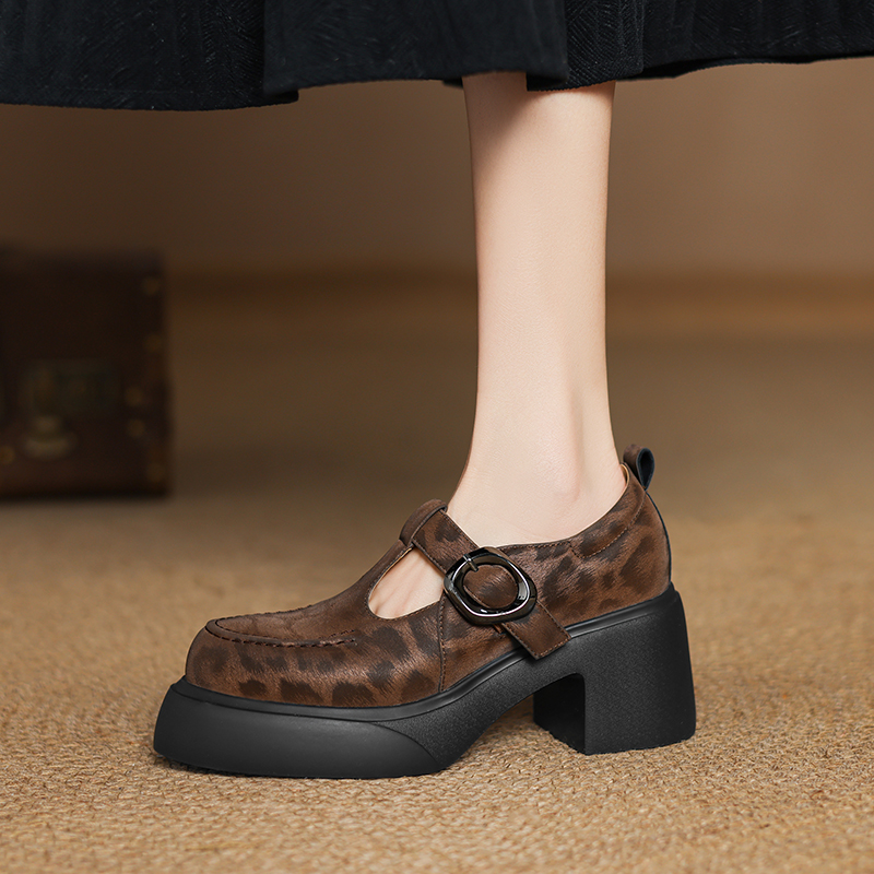 复古真皮粗跟厚底玛丽珍单鞋女