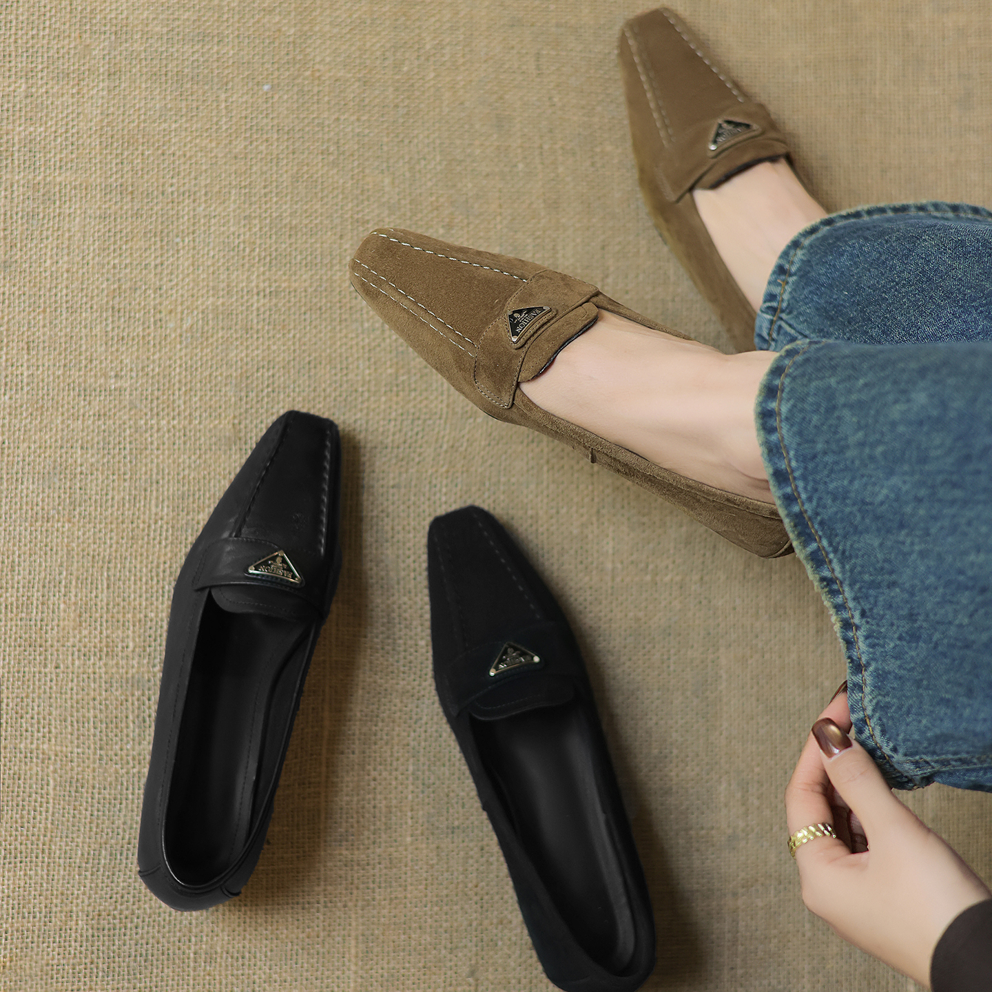 单鞋百搭复古方头一脚蹬小皮鞋