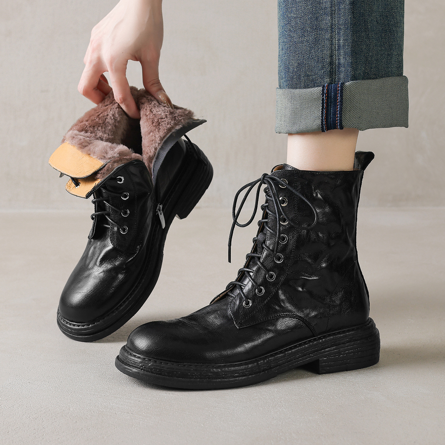厚底粗跟雪地靴加绒加厚系带短靴