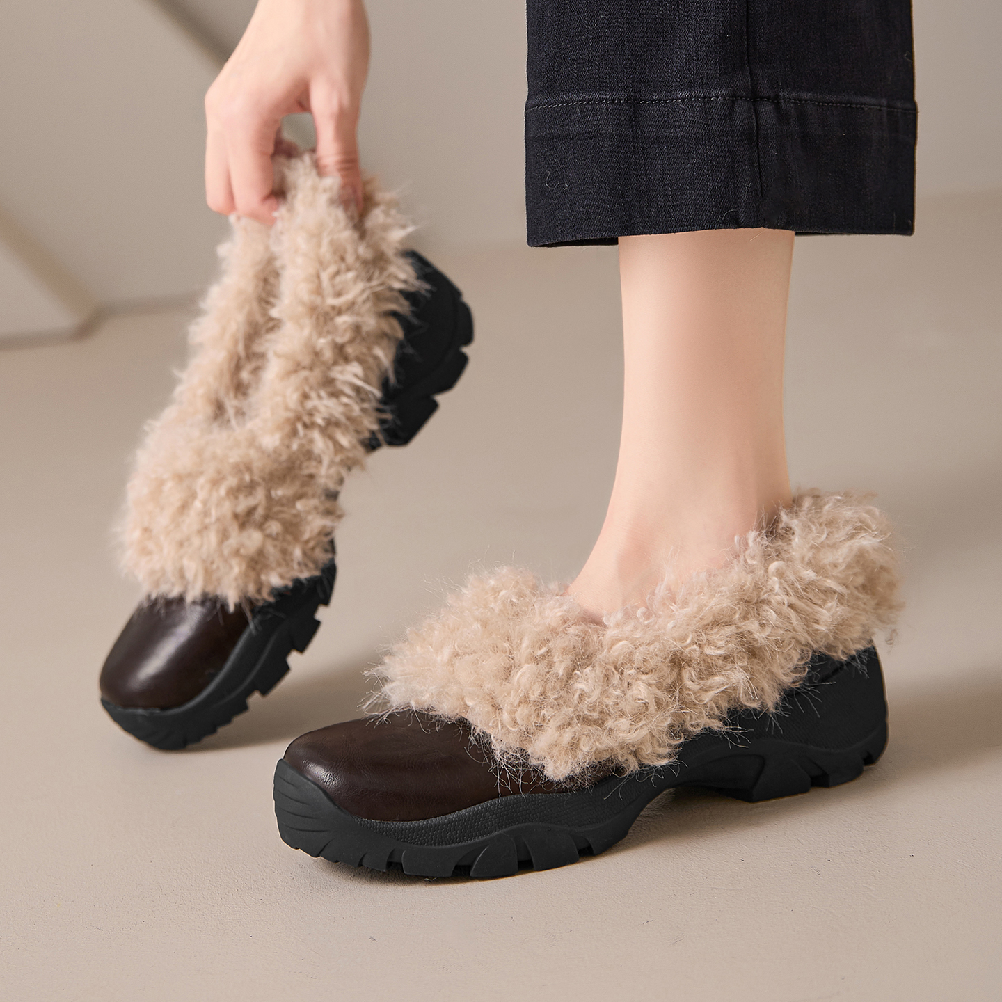 4cm复古毛毛乐福鞋女2025新款