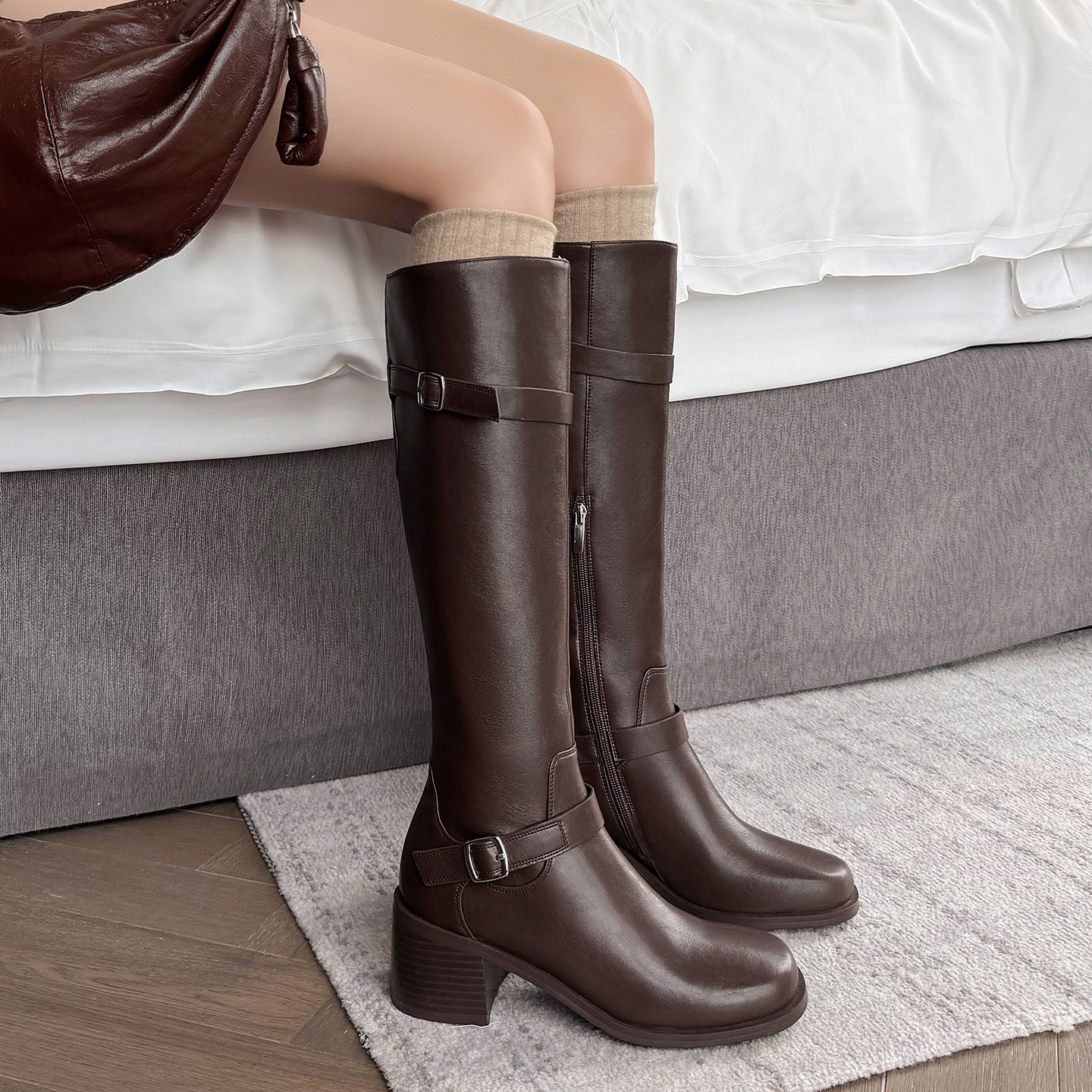 不过膝高筒长靴扣带显瘦西部靴