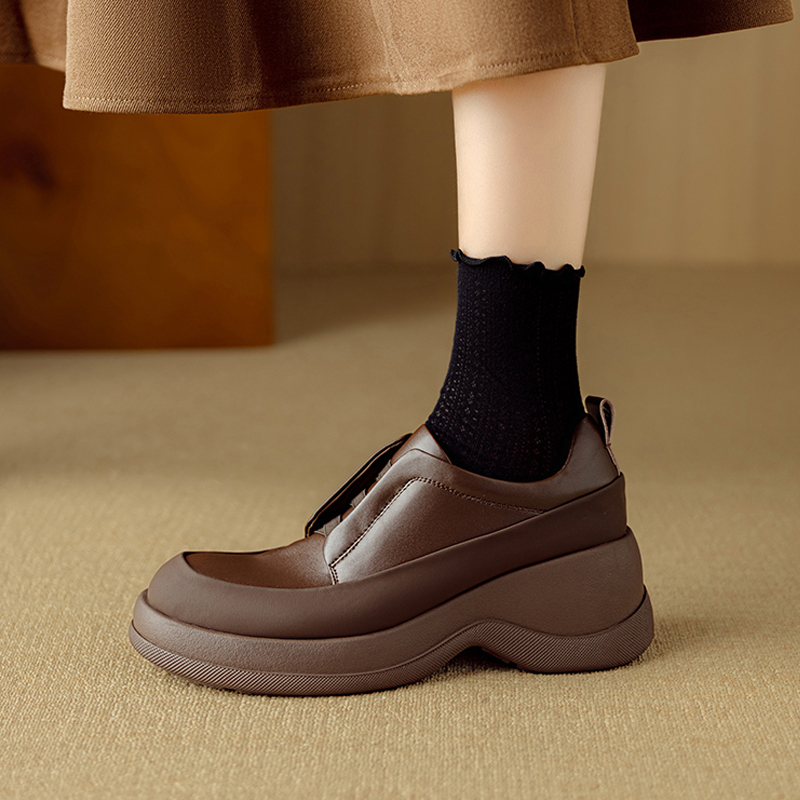 真皮厚底圆头英伦风小皮鞋女