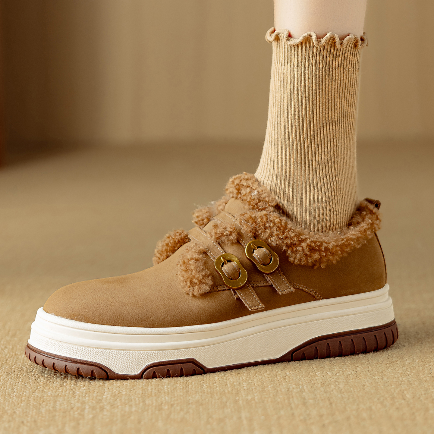 平底加绒毛毛鞋真皮扣带勃肯单鞋