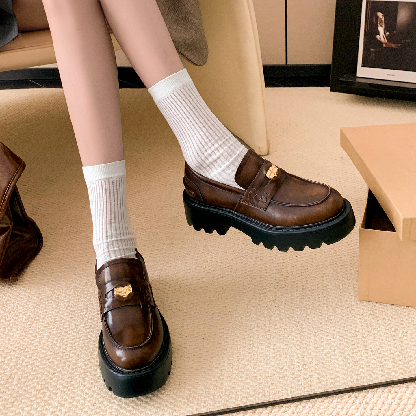 5cm小金币厚底懒人一脚蹬乐福鞋