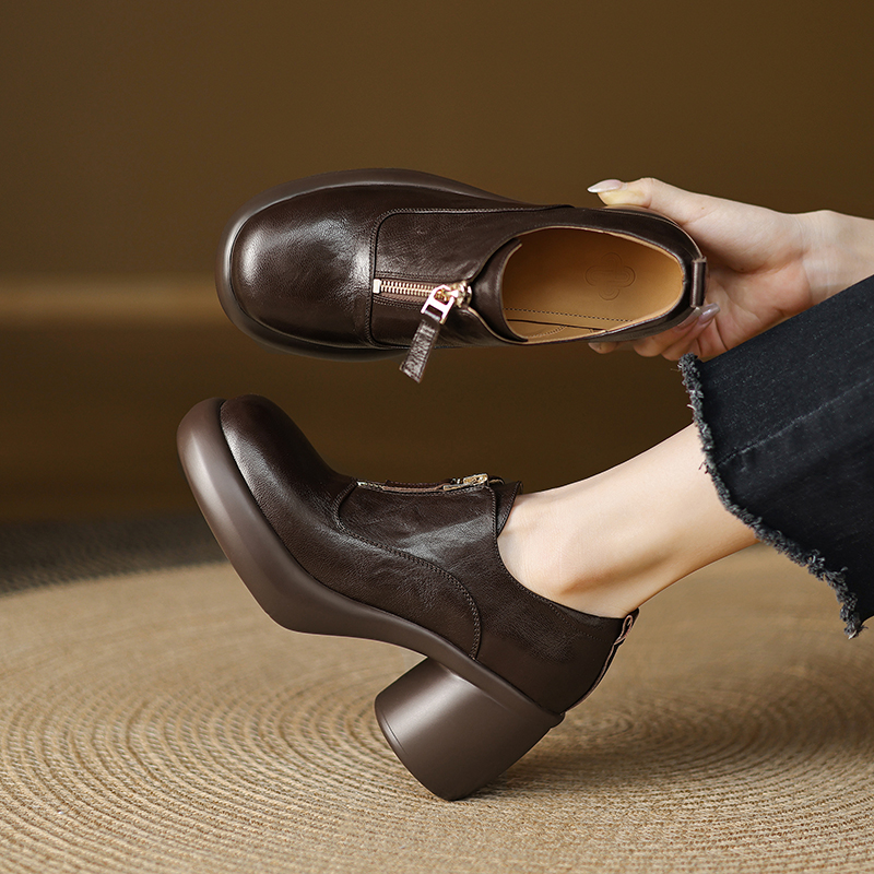 高跟松糕小皮鞋拉链真皮深口单鞋