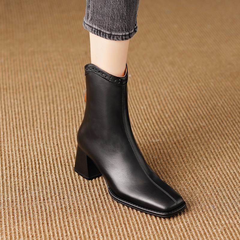 方头英伦风切尔西靴女真皮粗跟薄款短靴春秋新款复古风高跟西部靴