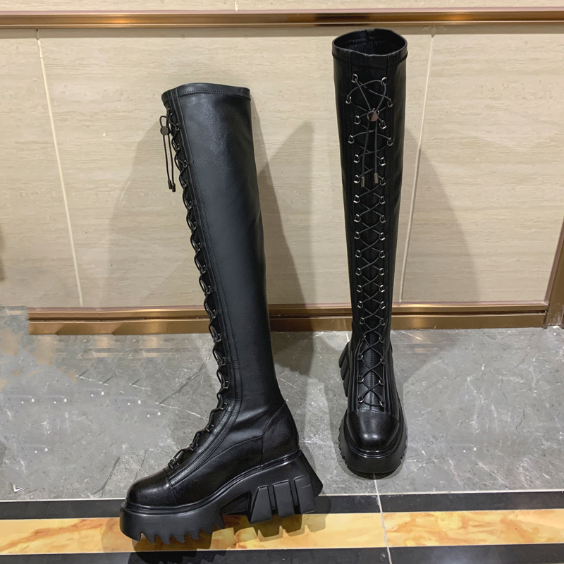 松糕厚底真皮高筒系带弹力靴