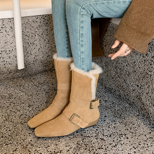 复古粗跟方头雪地靴 短靴时尚 3.5cm真皮中筒西部靴女2025冬季 新款
