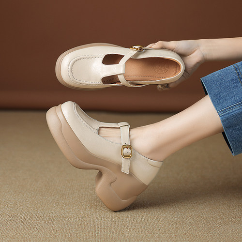 真皮厚底玛丽珍鞋小个子增高单鞋