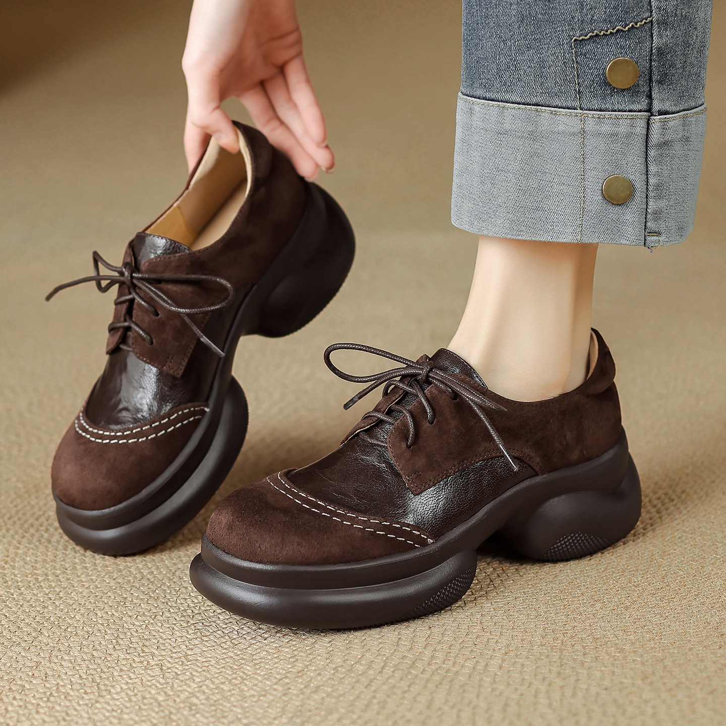 6cm羊皮粗高跟单鞋女系带乐福鞋