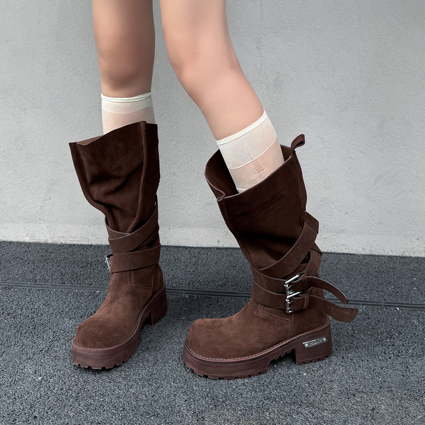 新款真皮绑带堆堆靴百搭骑士靴子