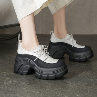 增高乐福鞋 英伦风系带复古单鞋 女2025新款 9cm真皮深口厚底松糕鞋