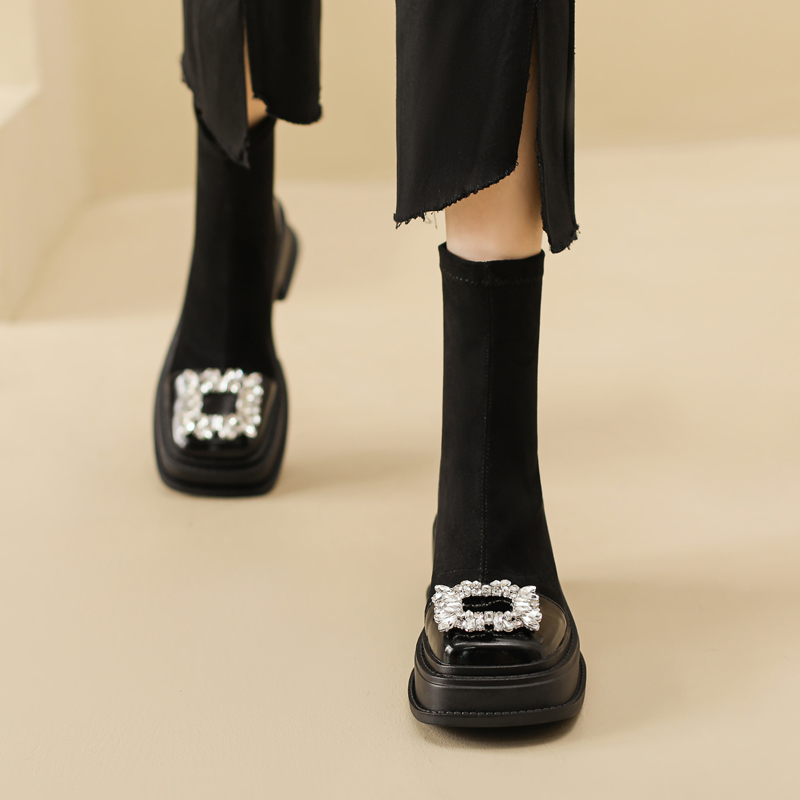 方扣水钻弹力靴子英伦显瘦马丁靴