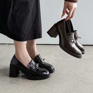 粗跟单鞋 7.5cm真皮金属扣乐福鞋 英伦小皮鞋 百搭高跟鞋 女2026新款