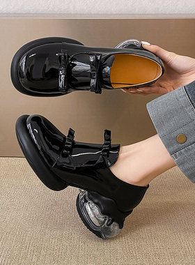 英伦风蝴蝶结小皮鞋女2026新款厚底高跟一脚蹬乐福鞋真皮黑色单鞋