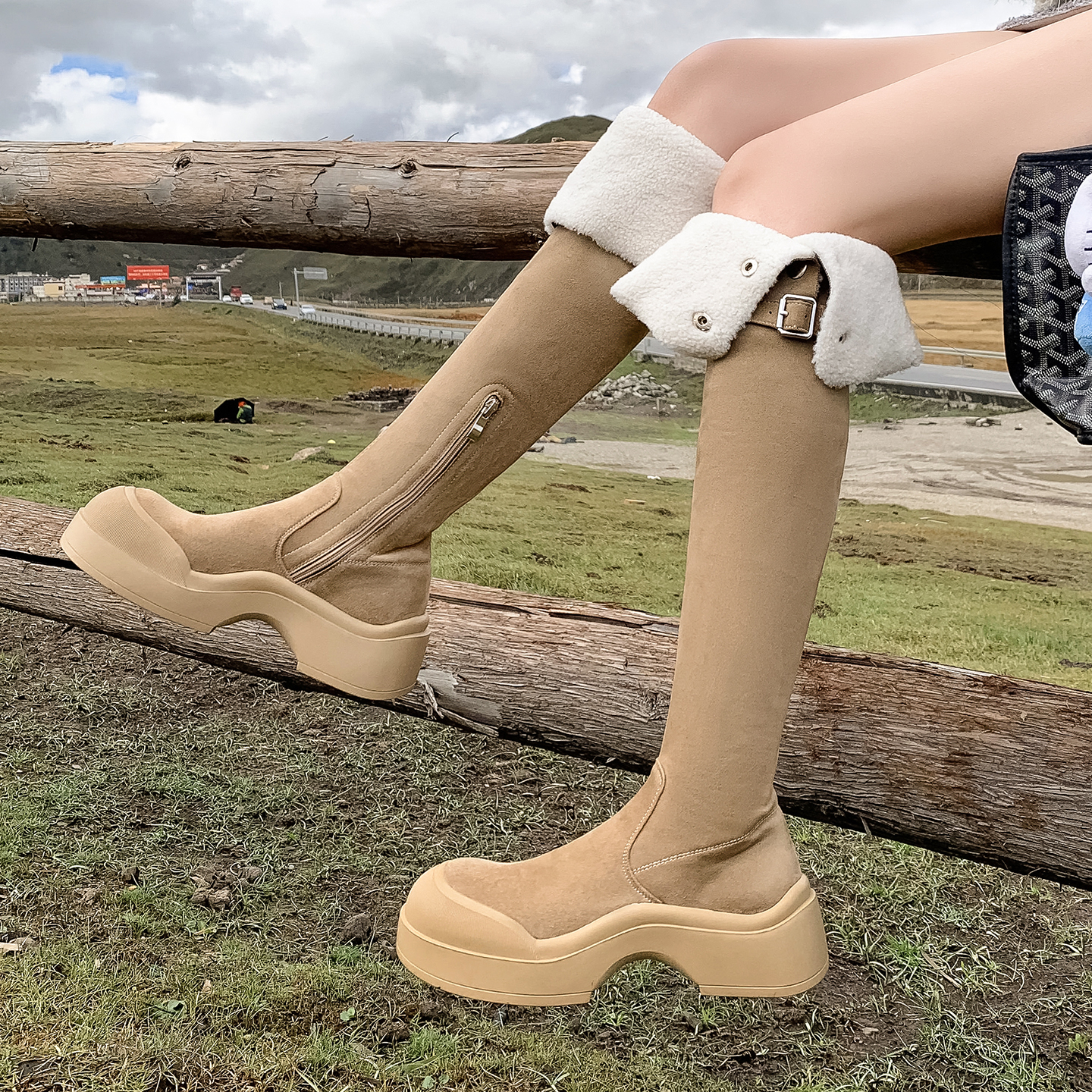 5cm两穿长筒靴美拉德雪地长靴女