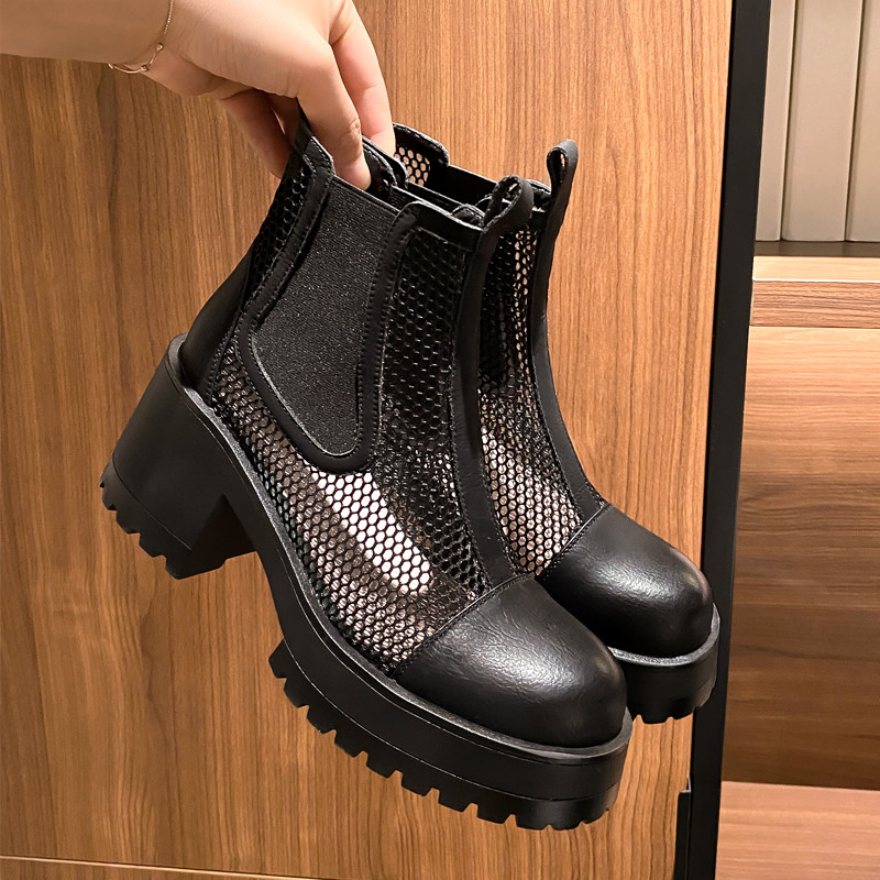 真皮烟筒马丁靴女夏季网纱镂空透气网面凉靴2024新款厚底烟管短靴