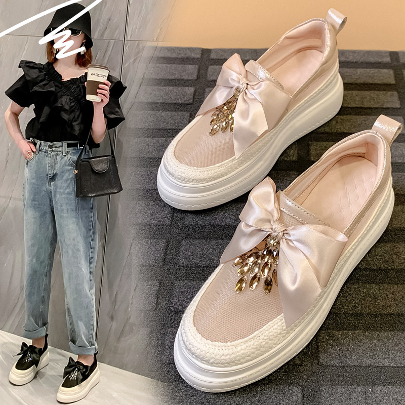 真皮厚底网纱一脚蹬鞋女2021春夏松糕鞋水钻蝴蝶结网网镂空乐福鞋