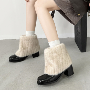 6.5cm韩系方头毛绒绒雪地靴女冬季 洋气短靴子 保暖高跟毛毛靴时尚