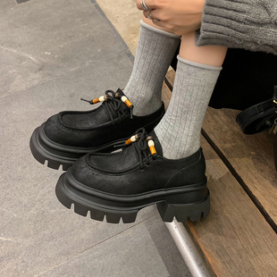 高跟乐福鞋 6cm厚底增高小皮鞋 串珠系带深口单鞋 女2025年新款 时尚